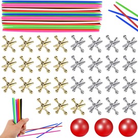 ZeeDix 3 Sets Jacks Game and Pick Up Sticks, 180 Pcs Sticks and 30 Pcs Metal Jax with 3 Pcs Red Rubber Balls, Classic Pick Up Sticks Game for Kids Adults Family