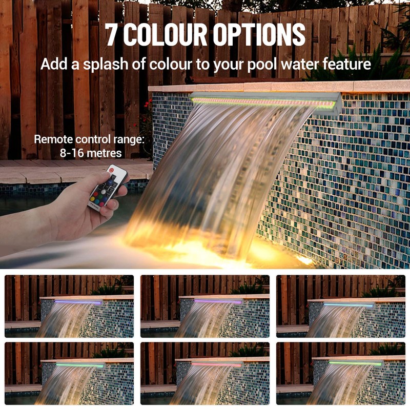 23.6"*4.7"*3.2" Stainless Steel Waterfall Fountain for Pools, Illuminated Water Feature,