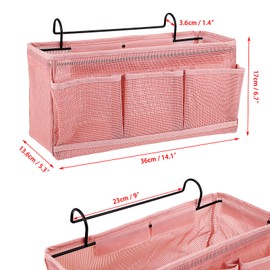 SUMTree Hanging Bedside Organiser, 4 Pockets, Mesh Storage Bag, Bed Basket and Hooks for Towels, Phone, Pens, Remote Control (Pink)