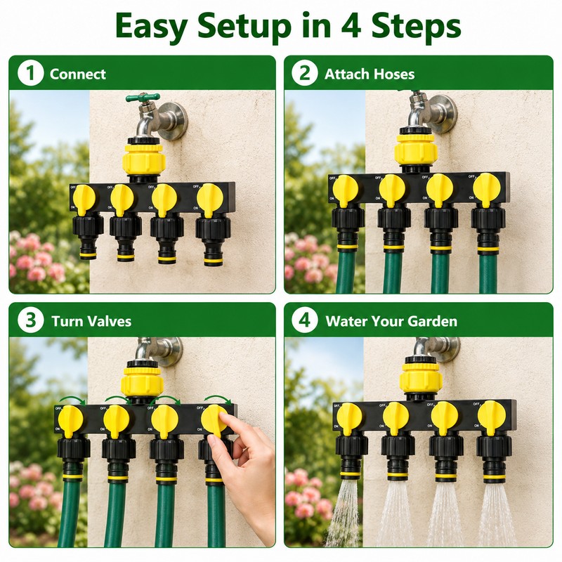 4-Way Garden Hose Splitter for Irrigation – Independent Valve Faucet