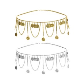 2 Vintage Waist Chains for Women, Tassel Waist Chains with Gold Coins, Metallic Waist Chains for Prom, Adjustable Tassel Waist Chains (Gold, Silver)