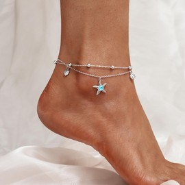 CHIC & ARTSY Starfish Anklet 925 Sterling Silver Starfish Anklets for Women Cute Starfish Anklets Womens White Ankle Bracelet Adjustable Layered Anklet Jewelry