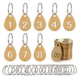 NumRealm Key Tags with Numbers, Brass Droplet Shaped key ID Tag, Metal Number Tags, Keychain Labels - 1 to 150