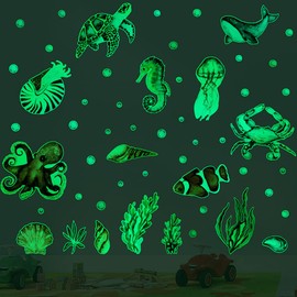 Alnicov 52 PCS Glow Undersea Creatures Wall Sticker，3D Wall Stickers，Glow in The Dark Ocean Octopus Tortoise Shark Stickers，for Home Office Living Room Wall Bathroom Toilet