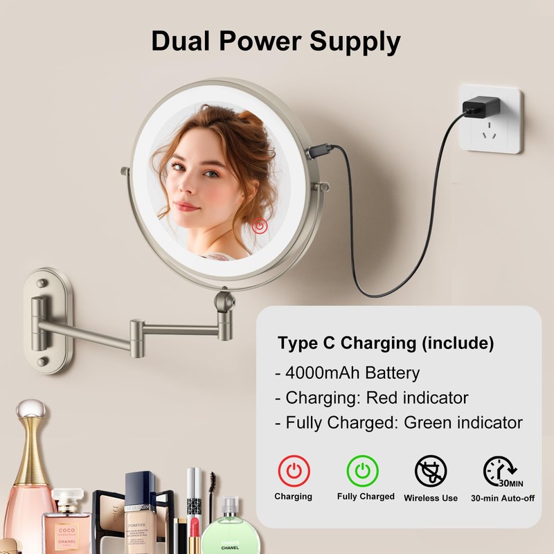 IMIKONA 9" Wall Mounted Lighted Makeup Mirror,4000mAh Rechargeable Double Sided