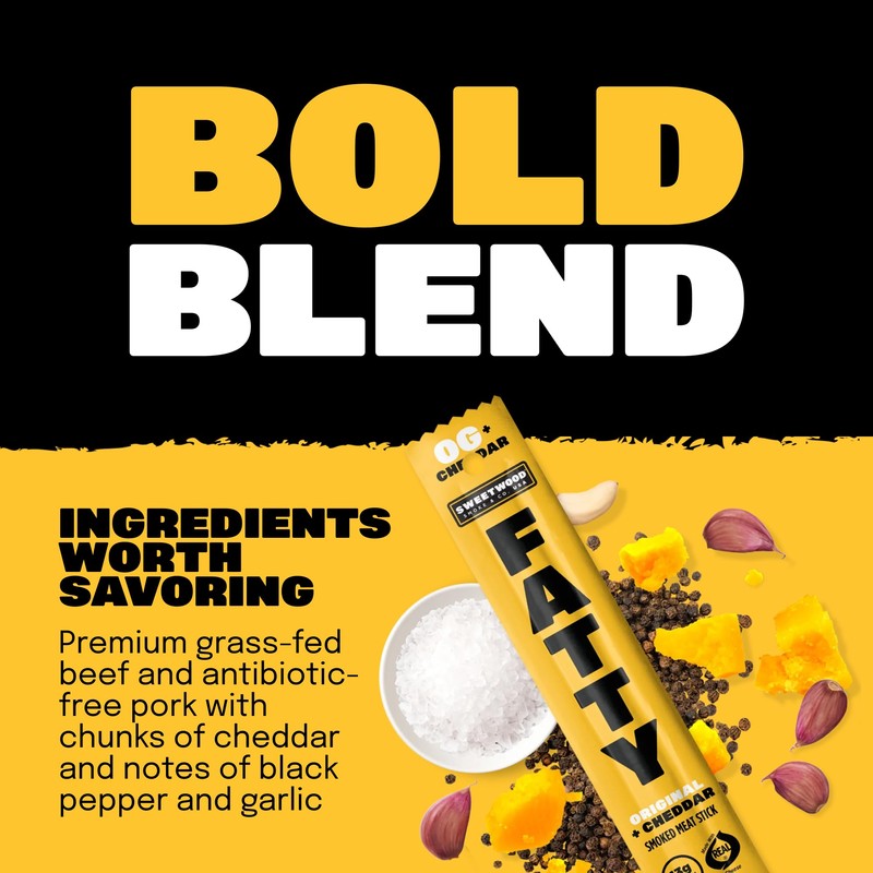 FATTY Grass-Fed Beef Smoked Meat Sticks, Original + Cheddar Flavor,