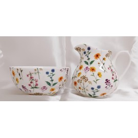 Meadow Flowers Cream/Milk Jug and Sugar Bowl Fine Bone China Bright Flowers Floral Matching Set Hand Decorated in UK