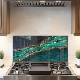 DAIFURONGE Tempered Glass Backsplash For Kitchen Behind Stove,Marbling Stove Back Top Cover,Easy to Clean Glass Splashback, Sink Cover Splash Guard,Home Kitchen Wall Decor (green, 30"x14"(76.2x35.56cm))