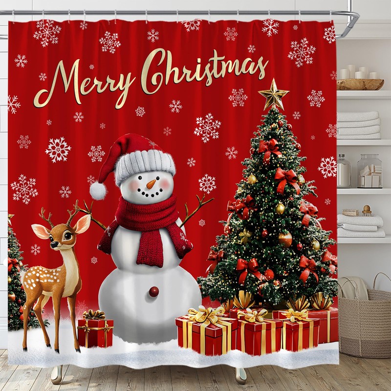 MSAYNFG Christmas Snowman Shower Curtain Red Xmas Trees Deer Winter
