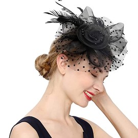 KalluliCC Black Fascinators Hat for Women Tea Party,Tea Party Hats with Mesh Ribbons Feathers for Women，Black Mesh Wedding Headbands for Women and Girls