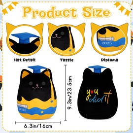 JEROKUMI Graduation Stuffed Animal 2025，8in Black Cat Plush Blue Cap & Gold Tassel Class of 2025 Graduation Gifts Kids, Teens, Adults,Preschool, Kindergarten High School College
