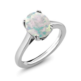 Gem Stone King 925 Sterling Silver White Simulated Opal and Black Diamond Women Solitaire Ring (2.03 Ct Oval Cabochon Cut) (Size 7)