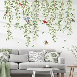 wondever Hanging Green Vine Wall Stickers Plants Leaves White Floral Birds Peel and Stick Wall Art Decals for Bedroom Living Room Sofa