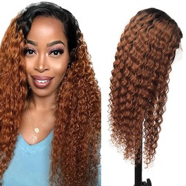 Curly Wave Ombre Brown Human Hair Wig, 1B30 Tow Tone Hair Wig, Brazilian Remy Hair Wig, Black to Dark Brown Tow Tone Hair Wig, 4x4 Lace Closure Wig, 20 Inches