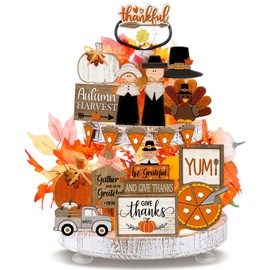 DoubleFill 21 Pcs Fall Tiered Tray Decoration Set Thanksgiving Table Sign Pumpkins Farmhouse Decor Gnome Maple Leaves Centerpieces Harvest Wood Blocks Signs Fall Block Tabletop for Autumn (Fresh)