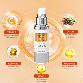 Super Vitamin C Serum for Women Over 70: Advanced Anti-Aging Vitamin C, Niacinamide, Vitamin E & Caffeine Formula，Hydrates, Firms, Lifts, Targets Wrinkles & Dark Spots, 1.0 fl. oz.