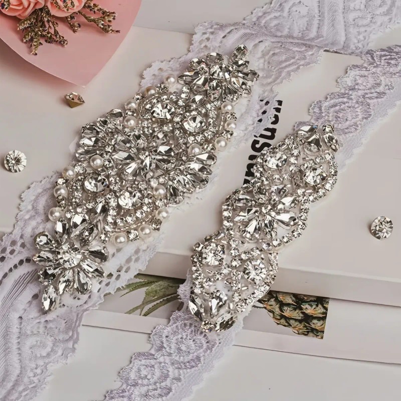 Conjunto Liguero De Encaje Elástico De Novia Con Cristal Per