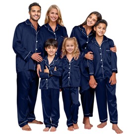 IFFEI Family Silk Satin Pajamas Matching Sets Long Sleeve Pjs for Couples 2 Piece Buttons Kids Christmas Pajamas with Pocket Women：M Navy