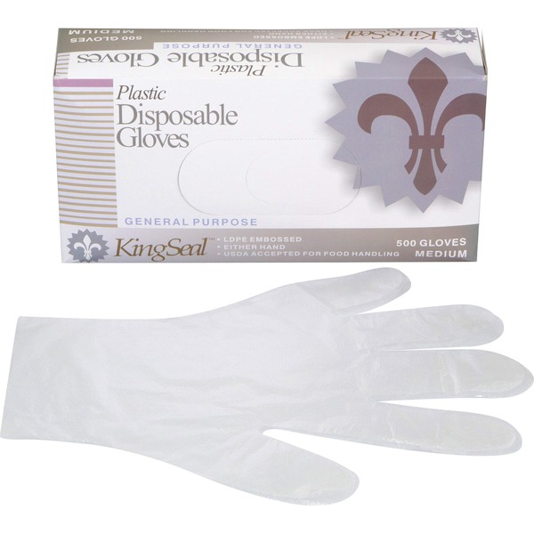 KingSeal Light Duty Poly Disposable Gloves, Powder-Free, Latex-Free, Size Medium - 4 Boxes of 500 Gloves By Weight (2000 Count)