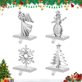 Christmas Stocking Holder, Weighted Stocking Hangers for Mantle Set of 4, Snowman Christmas Tree Snowflakes Angel Silver Metal Stocking Hooks for Fireplace Xmas Party Decoration