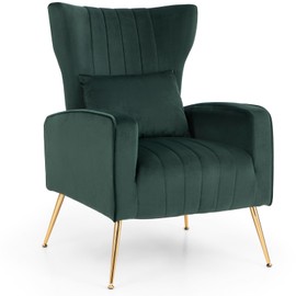 Giantex Velvet Accent Chair with Lumbar Pillow, Upholstered Tufted Wingback Arm Chair w/Golden Metal Legs, Mid Century Modern Single Sofa Chair for Living Room Bedroom, Max Load 400 LBS, Green