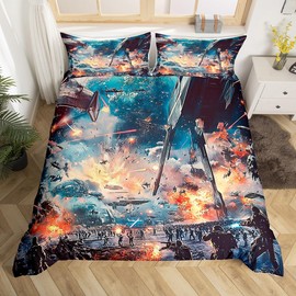 Robot Bedding Set Queen Size,Space Universe War Theme Duvet Cover Set 3Pcs,Red Lightsaber Comforter Cover for Kids Boys Girls Teens Room Decor,Modern Science Fiction Style Quilt Cover,2 Pillowcases