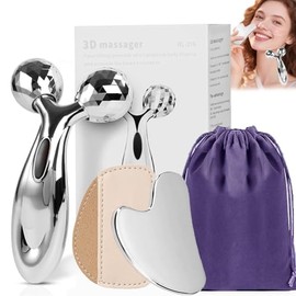 Juego de 2 Piezas Herramientas Faciales - Gua Sha de Acero Inoxidable y Rodillo Facial para Masaje, Kit de Belleza para Reducir Hinchazón