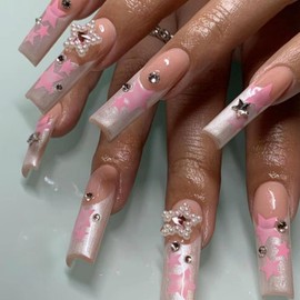 24Pcs Fake Nails Press on Nails Long Square Coffin French Tip with Nude Pink White Star Pearl Design Acrylic False Nails Thick Glossy Full Cover Glue on Nails Stick on Nails for Women Z513