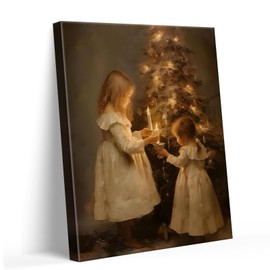 Christmas Canvas Wall Art Decor - Two Sisters Lighting Candles by Christmas Tree, Vintage Decor, Festive Canvas Prints, Elegant Winter Scene Artwork for Room，Holiday Home Decoration 8X10 inch