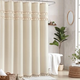 Linen Shower Curtain Boho Beige Shower Curtains for Bathroom Thick Cloth Shower Curtain with Tassels Neutral Farmhouse Bath Decor Rustic Bath Curtains 72 Inch