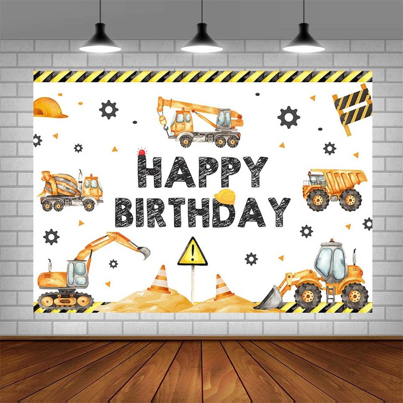 AIBIIN 7x5ft Construction Birthday Backdrop with Excavator, Crane & Digger