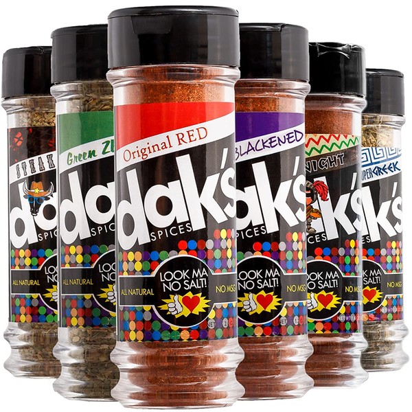 DAK's Spices BEST SELLERS 6 PACK - 100% Sodium Free! Spice and seasoning for steak, poultry, fish, veggies containing 0% SALT! FREEDOM from Salt, Low Salt, Low Sodium!