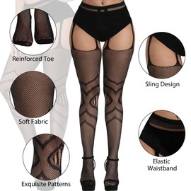 Fullsexy Plus Size Stockings, Fishnet Tights Suspander Pantyhose Thigh High with 4 Thongs for Women, Black3, One Size