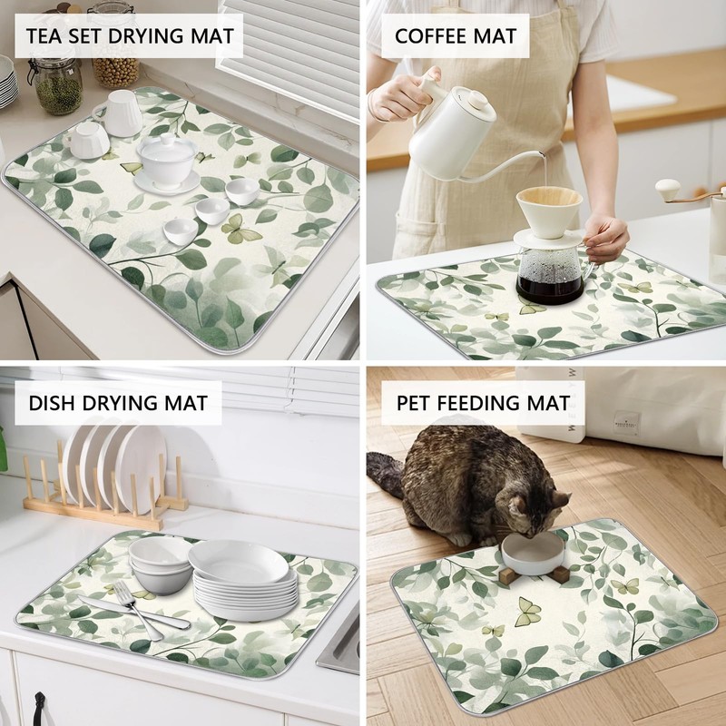 Green Leaf Dish Drying Mat, 18"x24" Ultra Water Absorbent Microfiber