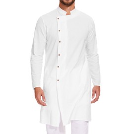 LVCBL Caftan Men's Arab Thobe Men Long Sleeve Side Split Kaftan for Men Muslim Robe Knee Length White L