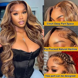 Durya Honey Blonde Ombre Lace Front Wig Human Hair Highlight Body Wave Lace Front Wigs Human Hair Pre Plucked Glueless 5x5 HD Lace Closure Wig for Women 4/27 Colored 250 Density 28 Inch