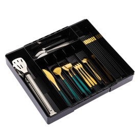 IEEK Silverware Organizer for Kitchen Drawers,Expandable Utensil Tray, Adjustable Cutlery and Flatware Holder,Plastic Drawer Dividers For Spoon Forks Knives Chopsticks Storage,Black-M
