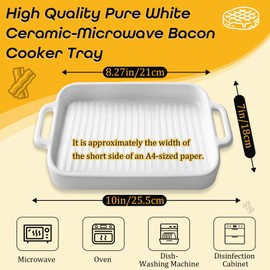 Upgraded White Ceramic Bacon Baking Tray, Microwave-Safe Bacon Cooking Tray, Multi-Functional Square Baking Tray, Microwave-Safe Bacon, Microwave-Specific Bacon Baking Tray, Microwave Bacon Cooker