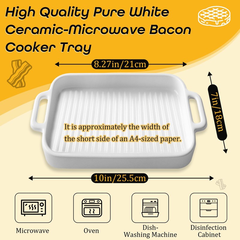 Upgraded White Ceramic Bacon Baking Tray, Microwave-Safe Bacon Cooking Tray,