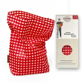 Kumanu Organic Beeswax Cloth Bag FRISCHEFRANZ Large H 35 cm x W 29 cm with Stand Base Natural and Plastic-Free Keep Fresh Handmade in Tyrol (Red Check)