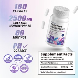 Allcoovita Allcoovita Creatine Monohydrate Capsules -3 Creatine Capsules per Serving, 2500mg, Gluten Free, 180 Capsules
