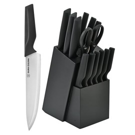 DURA LIVING 14-Piece Knife Block Set - High Carbon Stainless Steel Kitchen Knives with Ergonomic Handles, Built-In Sharpener, Black Wood Storage Block