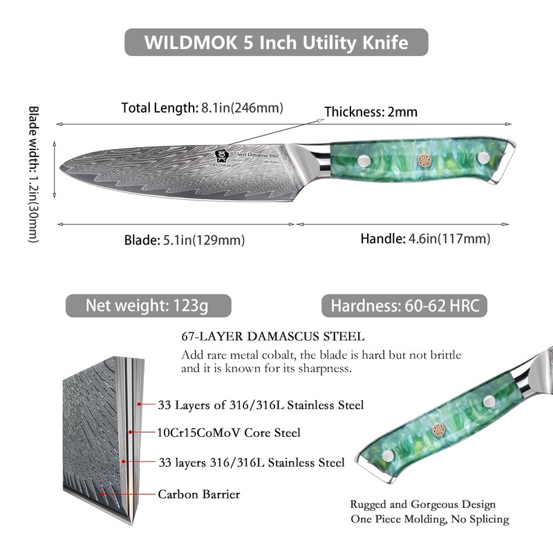 WILDMOK Japanese Damascus Steel Utility Knife, Multipurpose Super Sharp, Slicing,