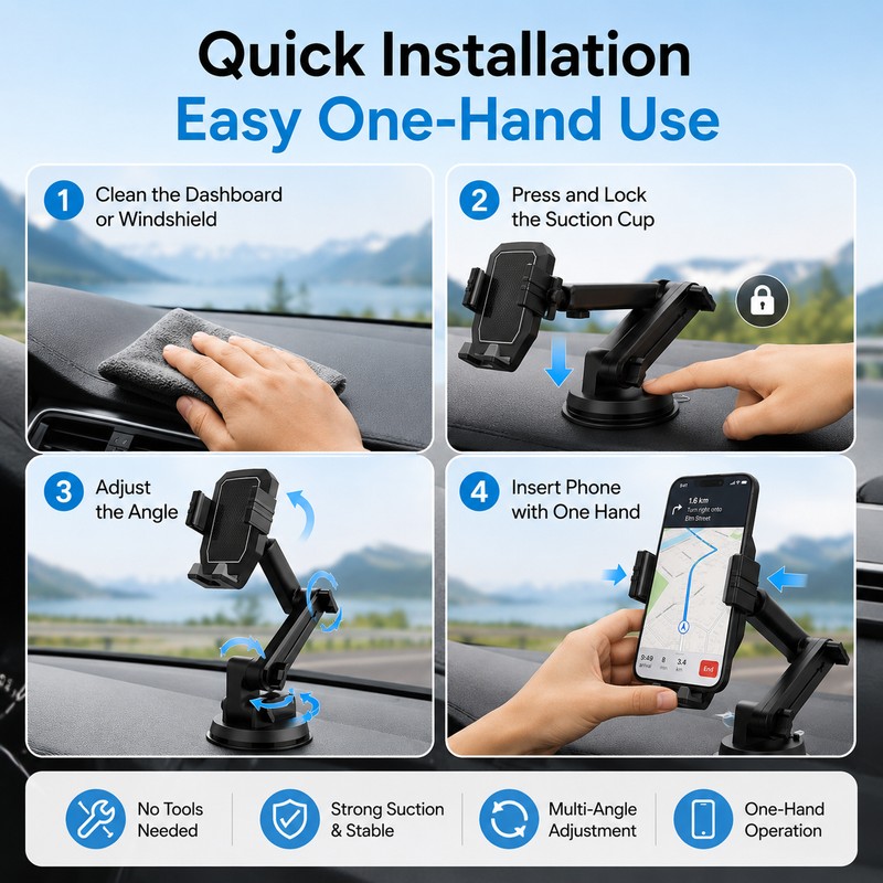 Adjustable Car Phone Mount with Suction Cup – Extendable Dashboard