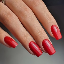 Red Press on Nails Medium Short Square,Xcreando Fake Nails Acrylic Nails Set,False Nails Glue on Nails,Natural Nails Press ons Nails,Stick on Nails for Women in 24 PCS