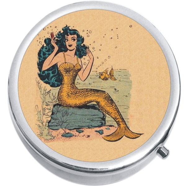 Vintage Mermaid Medicine Vitamin Compact Pill Box - Portable Pillbox case fits in Purse or Pocket