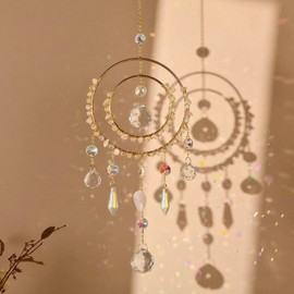 Crystals Sun Catcher, Colorful Crystal Balls & Rose Quartz Healing Stones Golden Rings suncatchers for Windows Wall Hanging Decor Home Decor Gifts