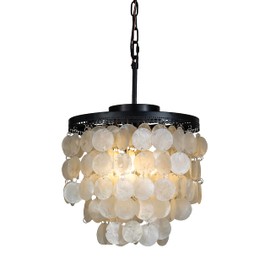ALOADECOR 3-Light Coastal Natural Capiz Seashells Chandelier in Matte Black Finish Tiers Shells Farmhouse Pendant Lighting for Living Room Dining Room Bedroom W13.7 inches