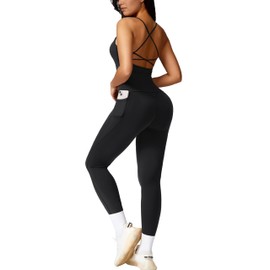 RXRXCOCO Strappy Back Workout Sets for Women 2 Piece Padded Tank Tops Hidden Scrunch Butt Lifting Leggings with Pockets Black Medium