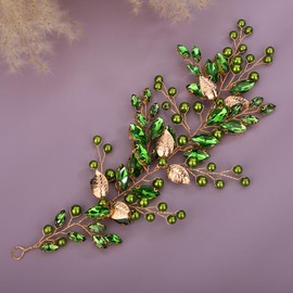 Teyglen Green Rhinestone Bridal Hair Vine Crystal Pearl Wedding Headband Gold Leaf Rhinestone Headpiece Bridal Hair Accessories for Women Girls(Green)